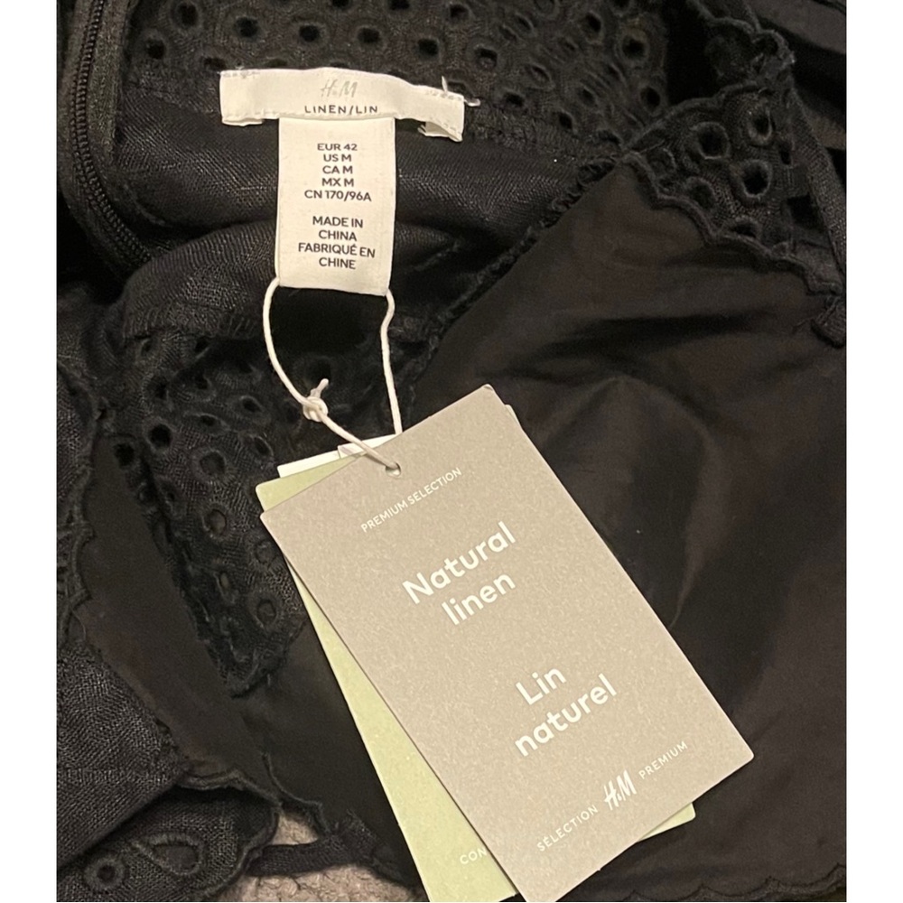 H&M Black Linen Dress NWT – Eyelet Embroidery Size M Summer Midi - Picture 6 of 11